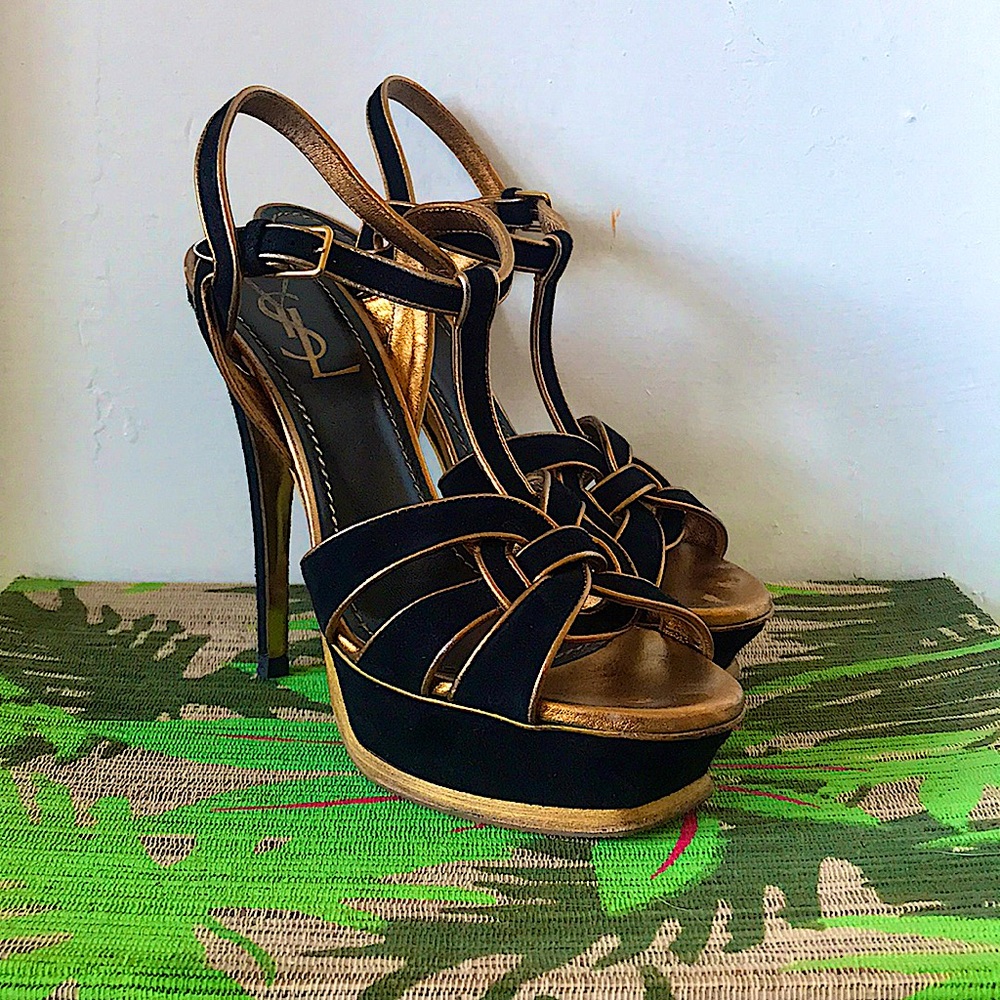 YSL Tribute black/bronze suede heels SZ 39